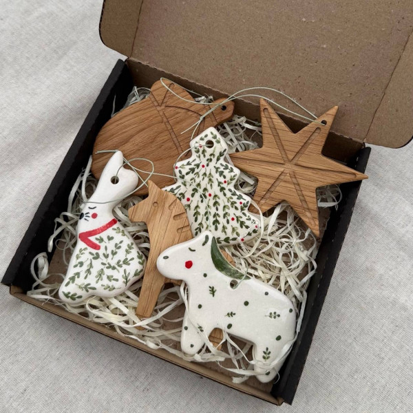 Набор новогодних игрушек 6 шт. Дуб+керамика №1
